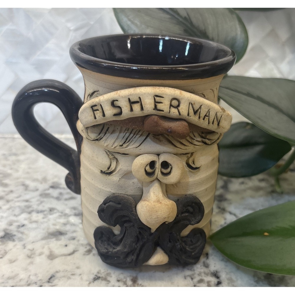 Fisherman Face Mug Signed BRADFORD Art Pottery Mustache Novelty‎ Coffee Unique